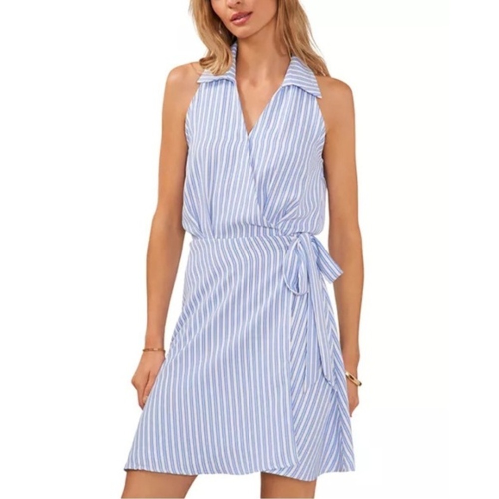 Vince Camuto Blue White Pinstripe Faux Wrap Dress NWT Size M Sleeveless V-Neck